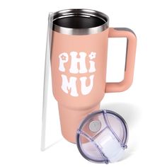 a pink coffee mug with the words oh um on it next to a plastic lid