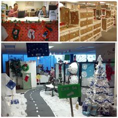 several pictures of christmas decorations in an office