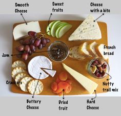 a wooden cutting board topped with cheese, crackers and grapes next to other foods