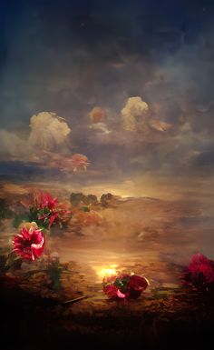 an artistic painting with flowers in the foreground and clouds in the sky above it