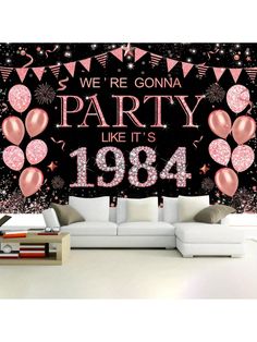 a party like backdrop with balloons and confetti in pink, black and white