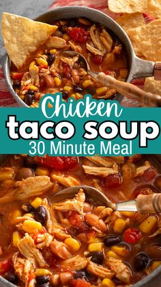 chicken taco soup in a large pot with tortilla chips on the side