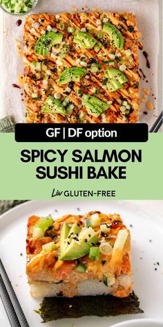 the recipe for spicy salmon sushi bake is shown