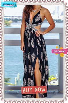 Fashion Bohemian Print Backless V Neck A Line Dresses Chic Split Dress For Beach Season, Bohemian Split Dress For Party, Bohemian Split Dresses For Beach Season, Beachwear Maxi Dress For Date Night, Bohemian Split Beach Season Dresses, Bohemian Split Party Dress, Black Bohemian Backless Maxi Dress, Black Boho Print Maxi Dress For Vacation, Black Backless Bohemian Maxi Dress