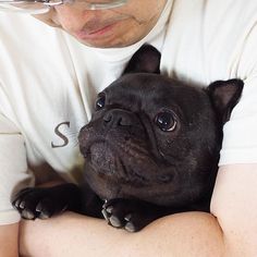 a man holding a small black dog in his arms and looking at the camera lens