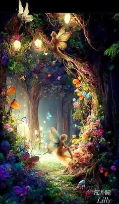 a fairy scene with flowers and butterflies in the forest, surrounded by light bulb lights