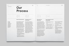 an open book with the words our process printed on it's front cover and inside pages