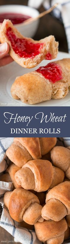 honey wheat dinner rolls with raspberry sauce on top and the words honey wheat dinner rolls