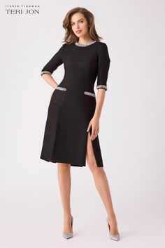 This rhinestone boucle dress with jewel trimming is a must-have! Featuring a jewel neckline, two front pockets and elbow-length sleeves, it is simple, classy and elegant. Incorporating a slight slit in the skirt that hits just below the knee, the coverage is ideal for any time of year. Pair with silver accents to comp Boucle Dress, Classy And Elegant, Black Jewel, Trim Dress, Jewel Neckline, Rhinestone Trim, Elbow Length Sleeve, Silver Accents, Dress Details