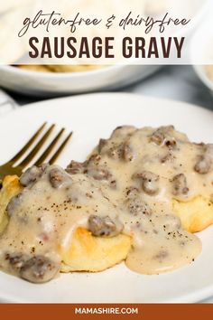 sausage gravy on a white plate with a fork