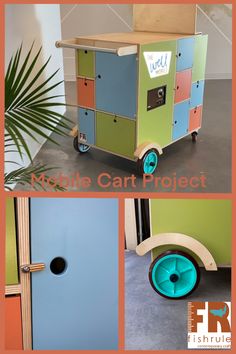 A montage of pictures of a mobile cart. Wood Cart, Mobile Cart, Cart Ideas, Kitchen Organization Diy, Mobile Storage, Organization Diy, Storage Cart, Baltic Birch Plywood, Wood Products