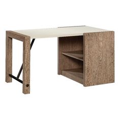 the desk is made out of wood and has an open shelf on one side, with two