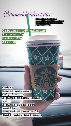 a person holding up a starbucks cup with information about the drink in front of them