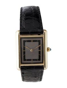 Must de Cartier Collection23mm x 31mm Case DimensionsSterling Silver & 18K VermeilQuartz MovementSmooth BezelSilver DialBlack Leather StrapStainless Steel & Gold-Tone Tang Buckle Cartier Watch, Watch Strap, Cartier, Gold Tones, Buckle, Silver, Leather, Gold