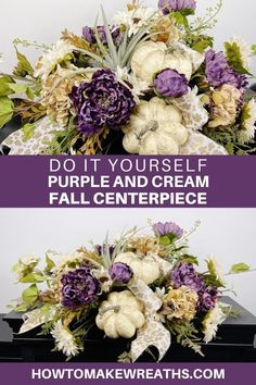 two pictures with different flowers and plants on them, one is purple and the other has white