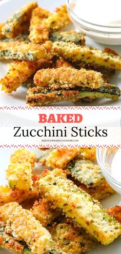 baked zucchini sticks on a white plate with dipping sauce in the background and text overlay that reads baked zucchini sticks