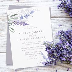 a wedding card with lavender flowers on it