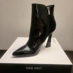 Nine West Black Patent Leather Booties; Brand New; Never Worn; Size 8.5m Modern Ankle Boot Heels For Night Out, Patent Leather Heels For Night Out In Fall, Black Booties For Office Wear, Office Boots With 4-inch Heel In Black, Black Pointed Toe Booties For Formal Occasions, Black Office Boots With 4-inch Heel, Black Patent Leather Heeled Boots For Office, Black Almond Toe Booties For Formal Occasions, Modern Black Ankle Boot Heels