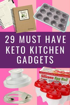 the words 29 must have keto kitchen gadgets in front of an image of eggs and