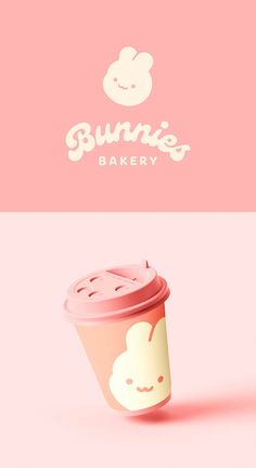 a pink cup with an image of a bunny on it and the words bunnies bakery above