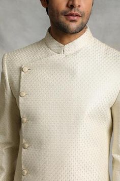 Shop for Gargee Designers White Poly Silk Floral Embroidered Sherwani Set for Men Online at Aza Fashions Elegant Designer Nehru Jacket With Stand Collar, Elegant Semi-formal Sherwani With Straight Kurta, Elegant Nehru Jacket With Stand Collar For Designer Wear, Elegant Sherwani With Stand Collar For Transitional Season, Elegant Designer Wear Sets With Stand Collar, Elegant Designer Sets With Stand Collar, Designer Wear Elegant Bandhgala With Stand Collar, Cream Fitted Sherwani For Semi-formal Occasions, Elegant Designer Bandhgala With Stand Collar