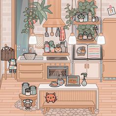 a kitchen filled with lots of clutter and potted plants