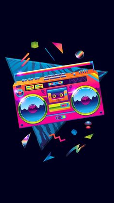 an old school boombox with neon colors and confetti falling around it on a black background