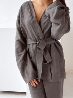 "Weathered wood linen kimono jacket. Choose size: XS Bust 82 - 84 cm. ( 32 1/4\" - 33\") Waist 66 - 68 cm. / (26\" - 26 3/4\") Hips 90 - 92 cm. / (35 1/2\" - 36 1/4\") S Bust 86 - 88 cm. ( 33 3/4\" - 34 3/4\") Waist 70 - 72 cm. / (27 3/4\" - 28 1/4\") Hips 94 - 96 cm. / (37\" - 37 3/4\") M Bust 90 - 92 cm. ( 35 1/2\" - 36 1/4\") Waist 74 - 76cm. / (29 1/4\" - 30\") Hips 98 - 100 cm. / (38 1/2\" - 39 1/4\") L Bust 94 - 96 cm. ( 37\" - 37 3/4\") Waist 78 - 80 cm. / (30 3/4\" - 31 1/2\") Hips 102 - Long Sleeve Linen Kimono For Loungewear, Fall Long Sleeve Linen Kimono, Kimono And Pants Set, Kimono Set, Loose Kimono, Linen Kimono, Wrap Jacket, Linen Jackets, Linen Suit