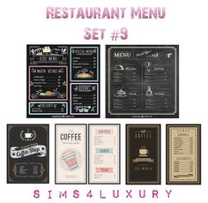 the restaurant menu set 9 is shown in pink and black