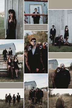 a collage of photos with people dressed up in black and wearing masks, standing near a barn