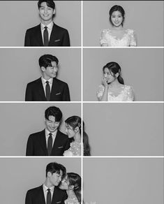 four different pictures of people in suits and ties posing for the camera, one is kissing the other's cheek