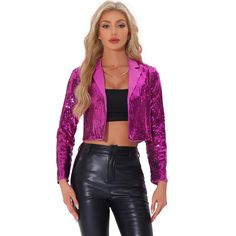 With an open front design, this shiny blazer can be worn effortlessly over any outfit. Whether it's a cocktail or an evening party, this sequin jacket will be an excellent choice for adding a touch of sparkle and eye-catching to your outfit. Paired with this jacket for a basic dress, tank top, or shirt with jeans and leggings. Glamorous Blazer For Night Out And Party Season, Glamorous Blazer For Party Season And Night Out, Glamorous Evening Blazer For Spring, Disco Style Long Sleeve Party Outerwear, Glamorous Evening Blazer For Party Season, Fitted Long Sleeve Blazer For Party Season, Glamorous Evening Party Season Blazer, Fitted Blazer For Party Season, Glamorous Fitted Holiday Blazer