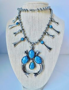 Signed ART Squash Blossom Necklace. Faux Silver / Turquoise Necklace. Western Style Turquoise Dangle Jewelry, Nickel-free Turquoise Western Jewelry, Western Style Nickel Free Turquoise Jewelry, Handmade Blue Western Jewelry, Handmade Western Blue Jewelry, Pepper Squash, Squash Blossoms, Art Earrings, Squash Blossom Necklace