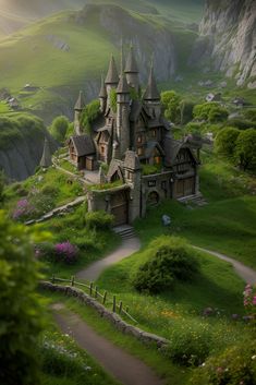 an image of a castle in the middle of a field that is surrounded by mountains