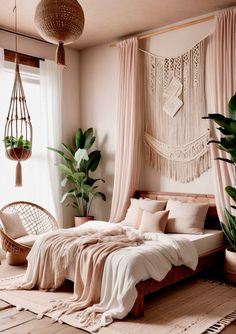 a bedroom with pink walls and hanging plants