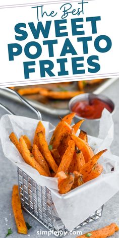 sweet potato fries in a basket with text overlay