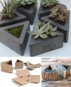 four different types of planters made out of cardboard boxes and some succulents