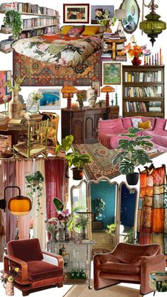 a collage of furniture, bookshelves and pictures