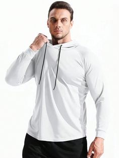 White  Collar Long Sleeve Fabric Plain  Embellished Slight Stretch  Men Activewear Stretch Hoodie With Drawstring, Casual Long Sleeve Gym Hoodie, Casual Hooded Sweatshirt For Gym, Stretch Drawstring Hoodie Tops, Sports Hoodie With Drawstring, Casual Sports Hoodie With Drawstring, Casual Hooded Sweatshirt For Workout, Sportswear Hoodie For Workout, Solid Color Long Sleeve Sportswear Hoodie