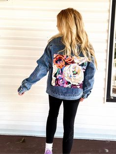 This classic denim jacket unisex sizing with oversized fit.  Featuring Painting Paige's art of a floral bouquet on the back. Oversized Cotton Outerwear With Floral Print, Oversized Floral Print Spring Outerwear, Spring Floral Print Oversized Outerwear, Oversized Floral Print Outerwear For Spring, Trendy Denim Floral Print Outerwear, Floral Print Relaxed Fit Outerwear For Fall, Relaxed Fit Floral Print Outerwear For Fall, Spring Denim Jacket With Floral Print, Trendy Long Sleeve Denim Jacket With Floral Print