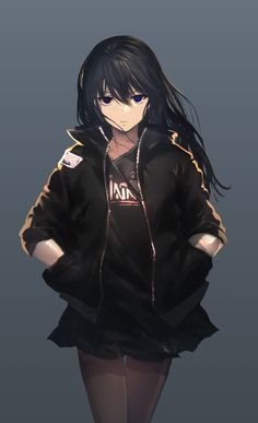 an anime character with long black hair and blue eyes wearing a black hoodie jacket