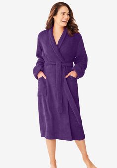 A cozy at-home essential with a shawl collar and turn-back cuff. Patch pockets and an inside tie and self-tie belt. Perfect for after a shower or hanging around the house. 44" lengthThis style also comes in a 53" length! Search 51609 to shop.Pure cotton, importedMachine washable Womens Robes Long, Terry Robe, Plus Size Robes, Bath Robes For Women, Lounge Robes, One Piece Clothing, Women's Robe, One Piece Pajamas, Swimsuits For All