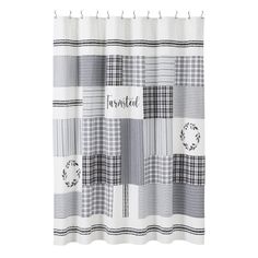 Farmstead Black Patchwork Shower Curtain-Lange General Store Primitive Shower Curtains, Country Baths, Farmhouse Shower Curtain, Block Layout, Farmhouse Shower, Vhc Brands, Farmhouse Fabric, Cotton Shower Curtain, Country Bathroom