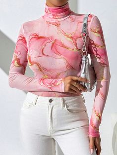 Multicolor Casual Collar Long Sleeve Mesh Fabric Plants,All Over Print,Marble Tee Embellished Medium Stretch  Women Clothing Turtleneck Bodysuit, Marble Print, Womens Bodysuit, Polyester Spandex, Maternity Bag, Jumpsuits For Women, Women Clothes Sale, Clothing And Shoes, Spandex