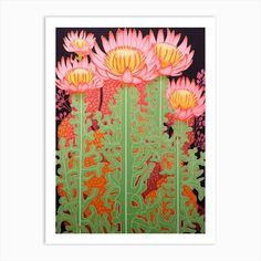 pink flowers with green leaves on a black background framed in white wood frame by artist and photographer