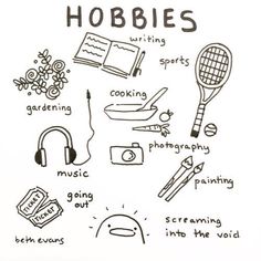 a drawing of hobbies and other things to write in it's own language