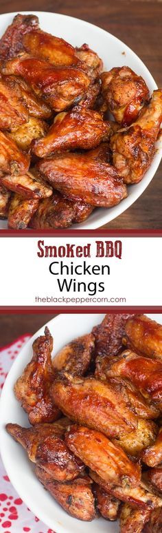 smoked chicken wings on a white plate with the words smoked bbq written in red