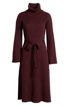 Wide ribbing adds soft texture to this elegant sweater-dress knit with a foldover turtleneck and tethered at the waist by a matching sash. 44" length Turtleneck Long sleeves Removable sash Unlined 78% rayon, 22% polyester Machine wash, dry flat Imported Ribbed Turtleneck Midi Dress For Fall, Fall Turtleneck Ribbed Midi Dress, Fall Ribbed Turtleneck Midi Dress, Fall Fitted Midi Dress With Tie Waist, Fitted Midi Dress With Tie Waist For Fall, Fitted Tie Waist Midi Dress For Fall, Chic Burgundy Midi Dress For Fall, Chic Burgundy Midi Dress For Winter, Chic Fall Midi Dress With Tie Waist