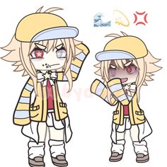 two anime characters with hats and scarves, one is wearing a yellow jacket and the other has red eyes