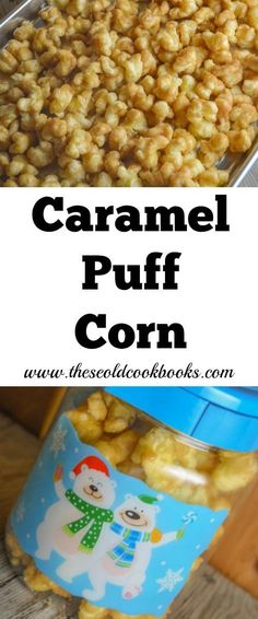 caramel puff corn in a blue container with the words caramel puff corn on it